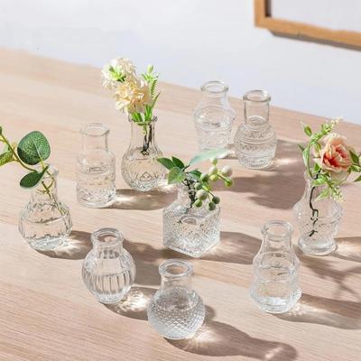 10PCS/SET Retro Relief Mini Glass Vase European Style Decorative Small Vase Set Crystal Clear Elegant Flower Vase
