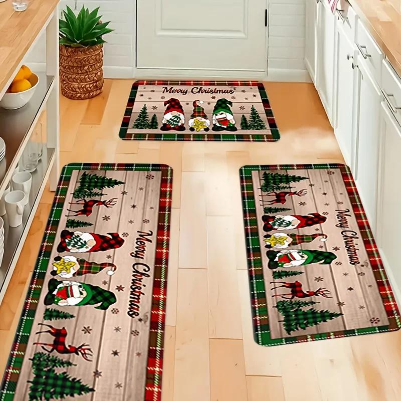 VIKAMA1/2PCS Christmas Kitchen Floor Mat Christmas Gnome Balcony Hallway Bedroom Carpet Home Decor Indoor Outdoor Welcome Mat