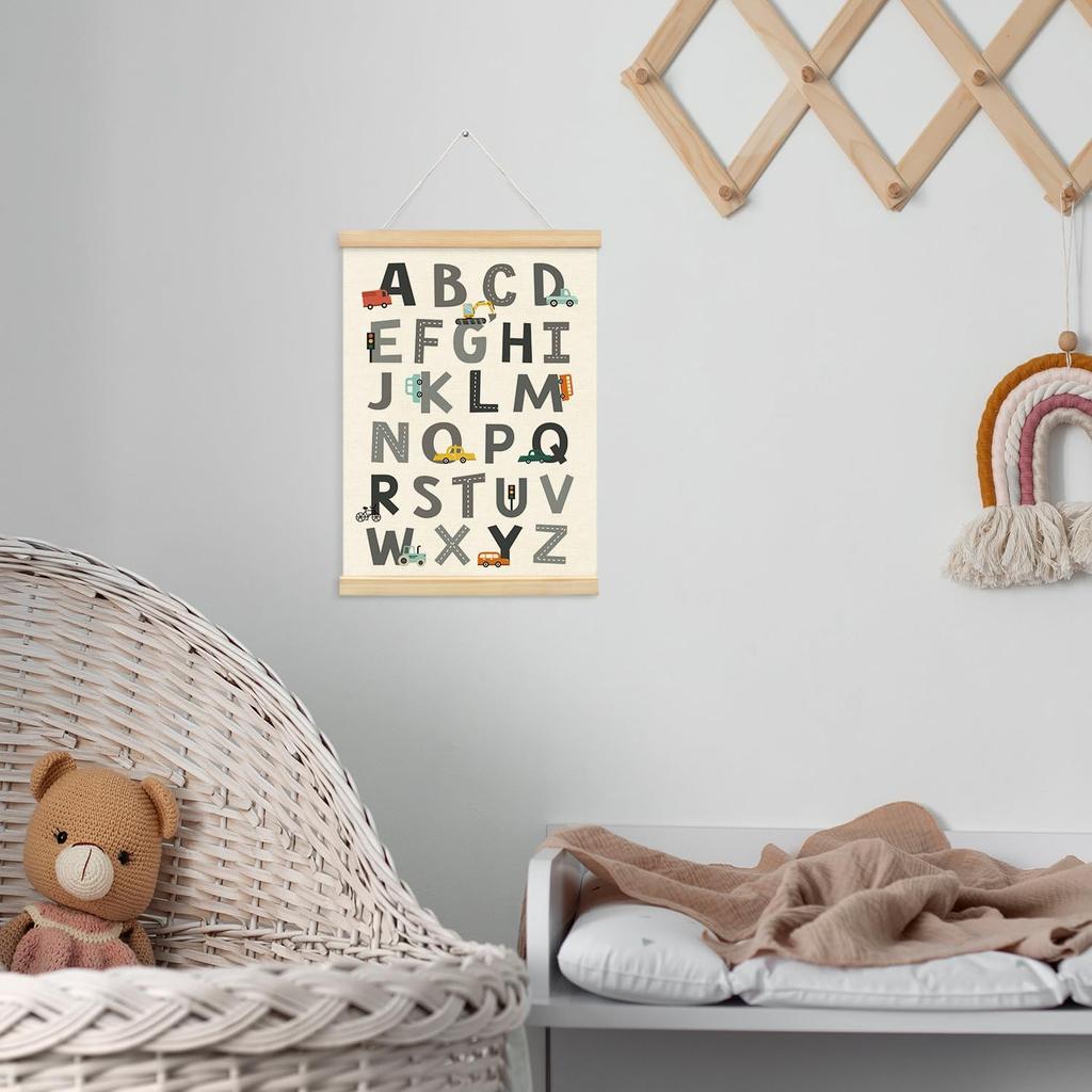 XYDEG Transportation Car Alphabet Numbers Poster Hanger Frame,Baby Boy Nursery Playroom Wall Decor, Nursery Decor,ABC Banner Poster Wall Art with