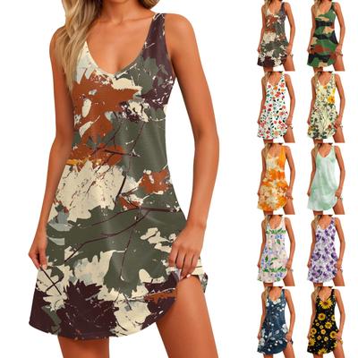 Vestido veraniego informal para mujer con bolsillos, vestido de playa bohemio de verano, blusas florales para mujer, camisetas, vestido con cuello en V, vestidos sin mangas sueltos