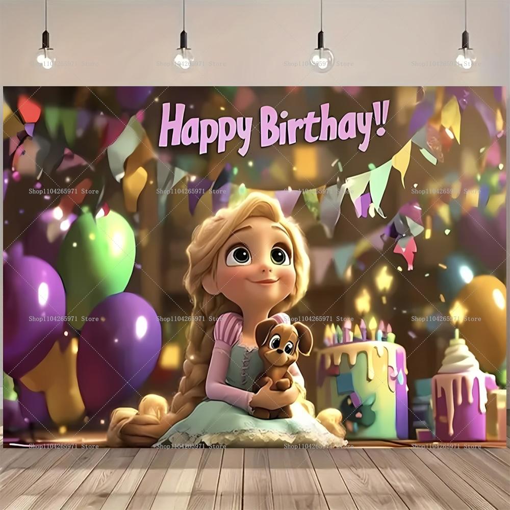 Fundo Desenho Enrolados Rapunzel Cabelo Longo Princesa Meninas Festa de Aniversário Chá de Bebê Fundo para Fotografia