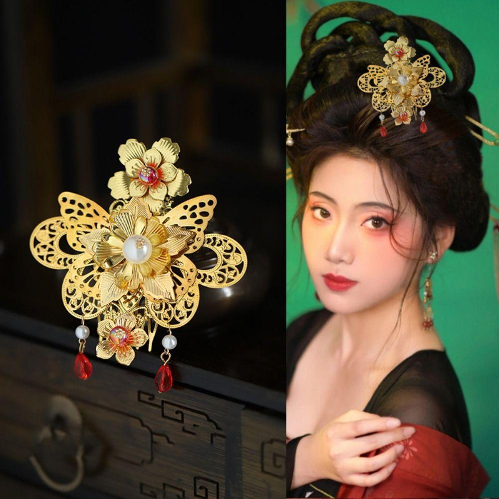 Gold Chinese Style Hairpin Floral Women Hair Stick Luxury Hanfu Hair Comb  Girl