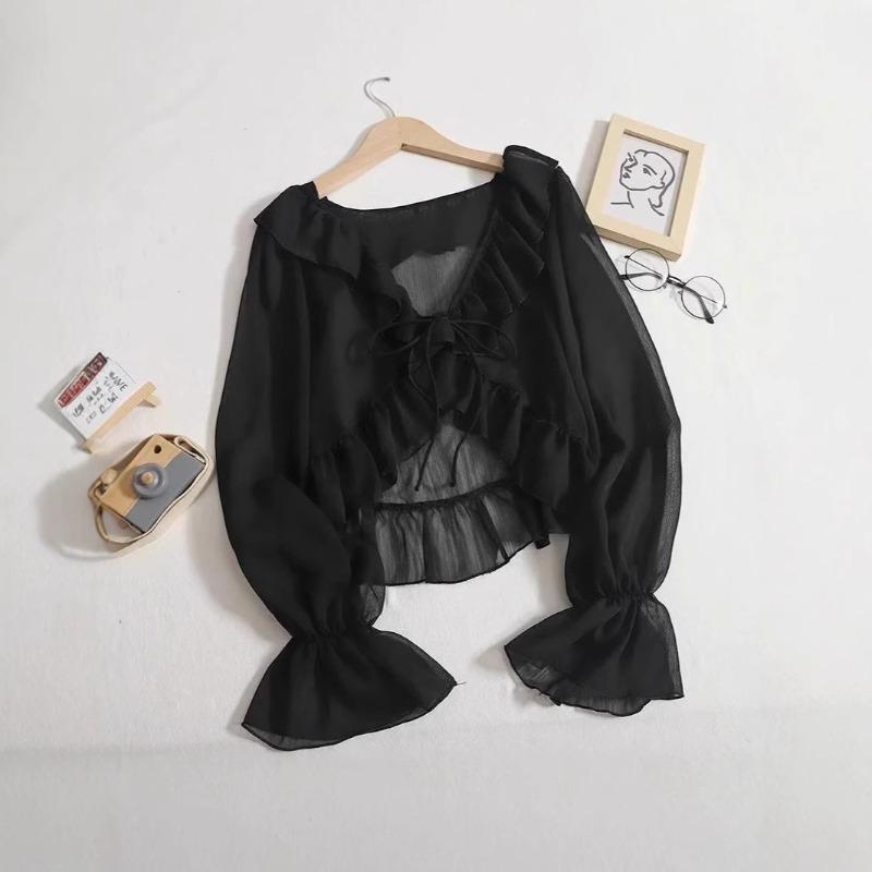 Summer new little fairy ruffle edge knitted cardigan strapped horn sleeves translucent sunscreen clothes long sleeves women