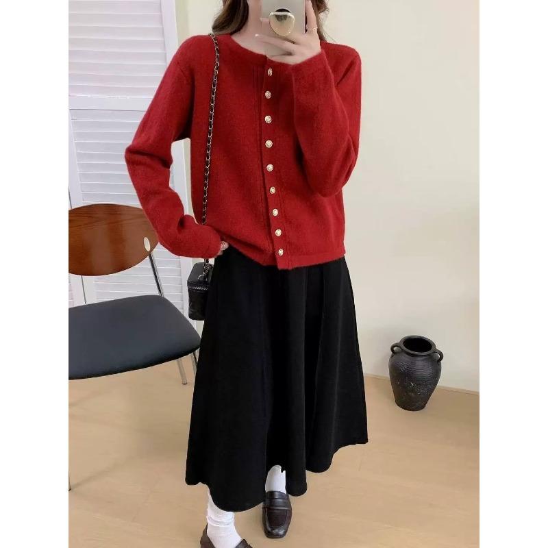 Early autumn new round neck knitted cardigan with top women's short versatile solid color soft waxy long-sleeved sweater jacket women