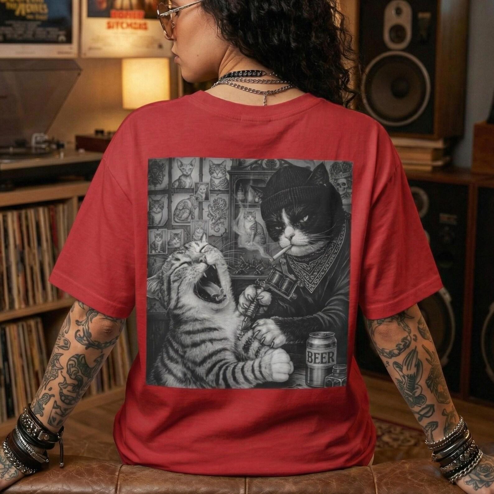 Tattoo Artist Cat Shirt, Retro Vintage Illustration, Dark Humor Graphic Tee XL