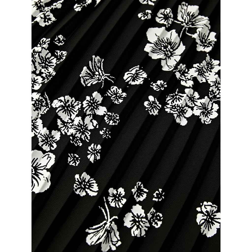 White Floral Printed Polyester Casual Skirt Women Pleated Flared Midi Skirt