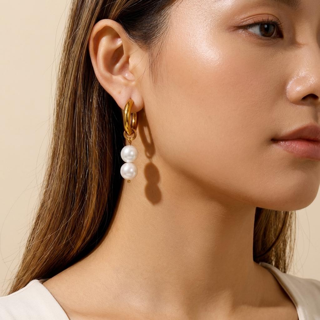 Minimalist Stainless Steel Double Pearl Hoop Earrings for Women Luminous Warm Finish Elegant Dangle Everyday Jewelry Presents