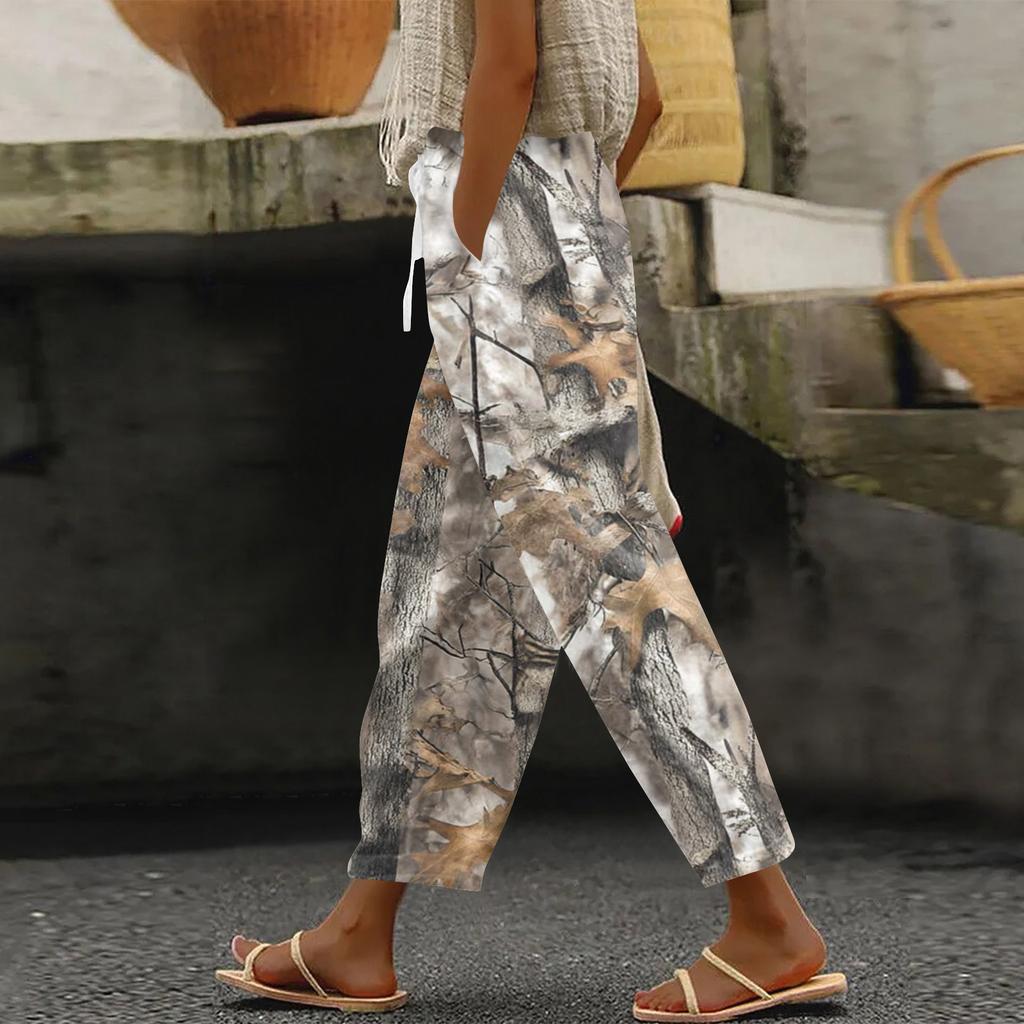 Women's Fashion Printed Drawstring Pocket Elastic Waist Casual Pants