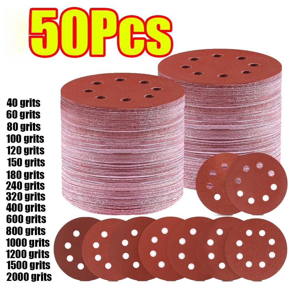 50Pcs 5 Inch 8Holes Sandpaper 125mm Round Hole Hook Loop Sanding Discs 40-2000 Grit for Random Orbital Sander Polishing Tool