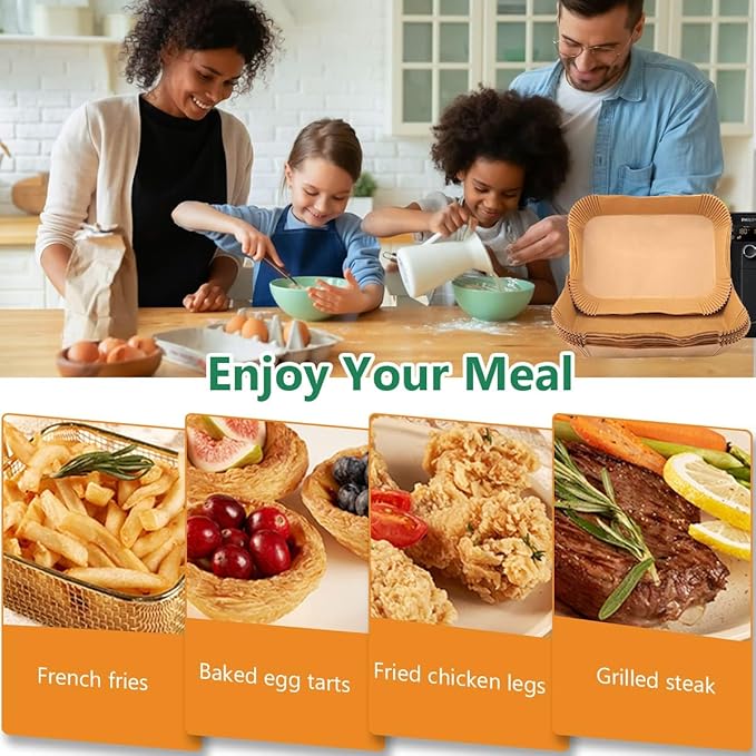 200 Pcs Air Fryer Parchment Paper Liners, 22×14cm Rectangular, Brown, Non-Stick Oil-Proof Baking Sheets