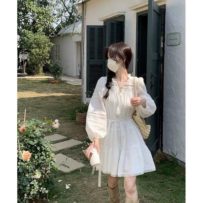 Spring/Autumn New Ethnic Style Hollow French Plique Long Sleeve Dress Bohemian Loose Short Skirt
