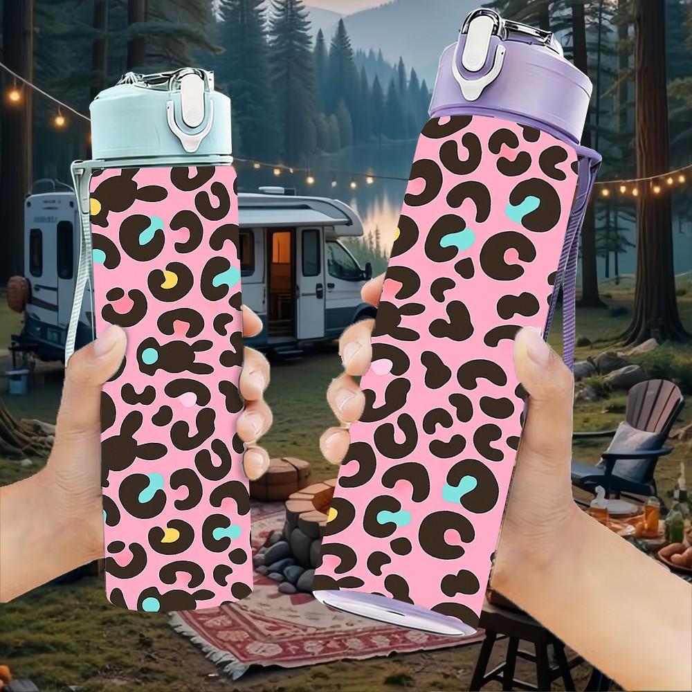 1PC Leopard Animal Skin Texture Print 750ml Color Plastic Sports Water Bottle Leakproof Flip Straw Lid Suitable for Sports Office Home Use