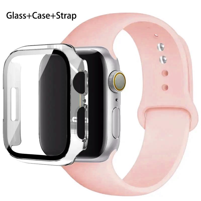 Glass+Case+Strap For Apple Watch band 46mm 45mm 44mm 41mm 40 38mm Silicone watchband bracelet iWatch series 10 9 8 7 6 5 4 3 SE