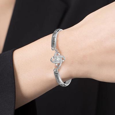 Women Bracelet Rhinestone Clover Charm Letter Engraved Polished Copper Gift for Daughter