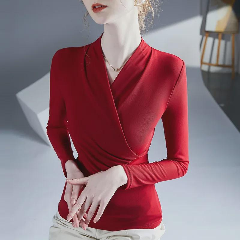 2025 Modny T-shirt z długim rękawem i dekoltem w serek - stylowy i seksowny na wiosnę i jesień