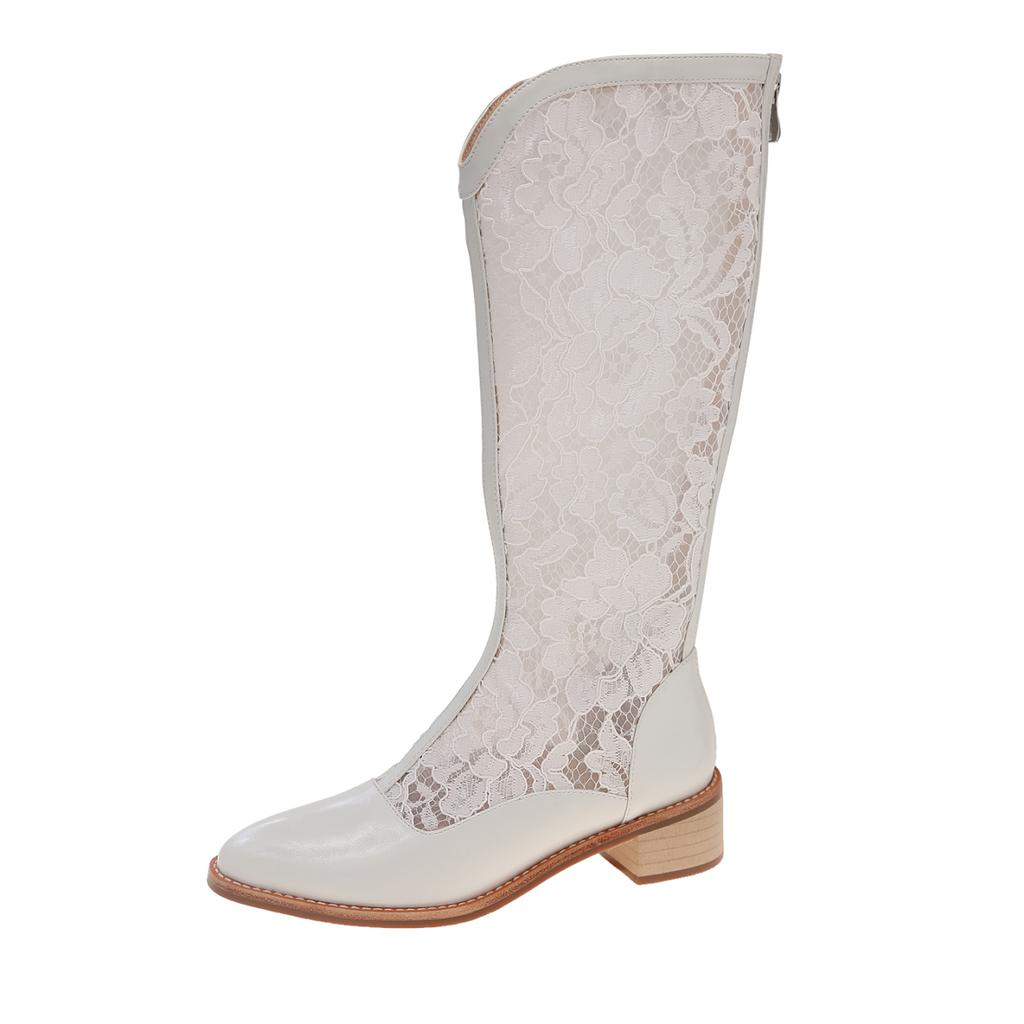 2025 Women's Fashion Boots Pointed Toe Square Heel Lace Mesh Hollow High Tube Boots Fashion Grace Summer Breathable Summer Boots