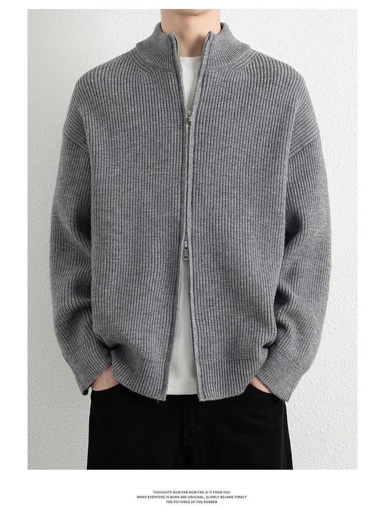 Men's Stand Collar Double Zipper Cardigan Sweater - High-End Lazy Style for Autumn and Winter