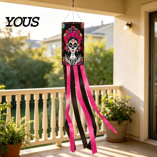 Spooky Festival Door Decor Day of The Dead Windsocks, Dia De Los Muertos Hanging Flag, Floral Props Skull Wind Socks with Flowing Tails for