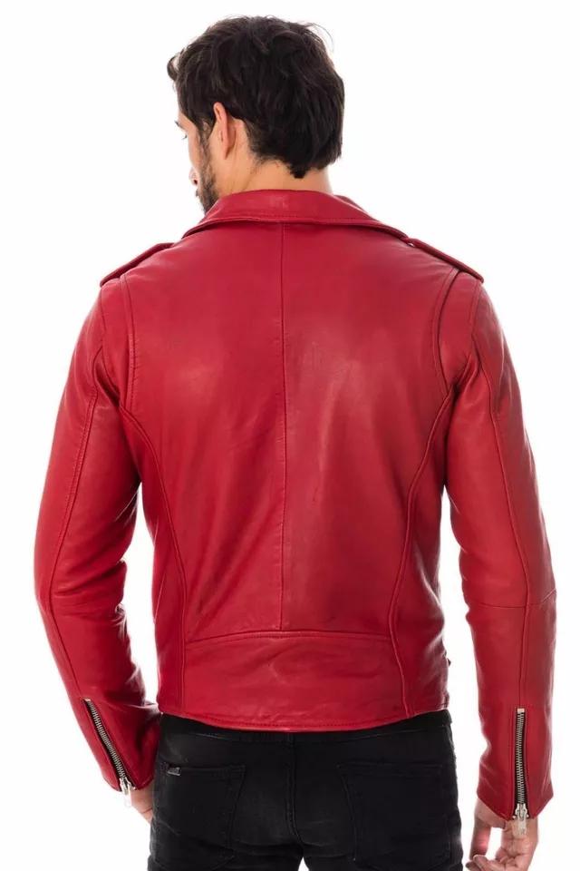 ČERVENÁ Pánská Kožená Bunda Stylová Pravá Jehněčí Kůže Ručně Šitá Ležérní Biker Motocyklová