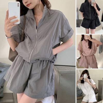 2 Stück/Set Damen Top Shorts Set Reißverschluss Kurze Ärmel Stehkragen