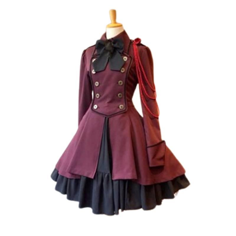 

Винтажное платье для косплея в стиле Лолита Готика с бантом, пуговицами и длинным рукавом для вечеринки Red,S