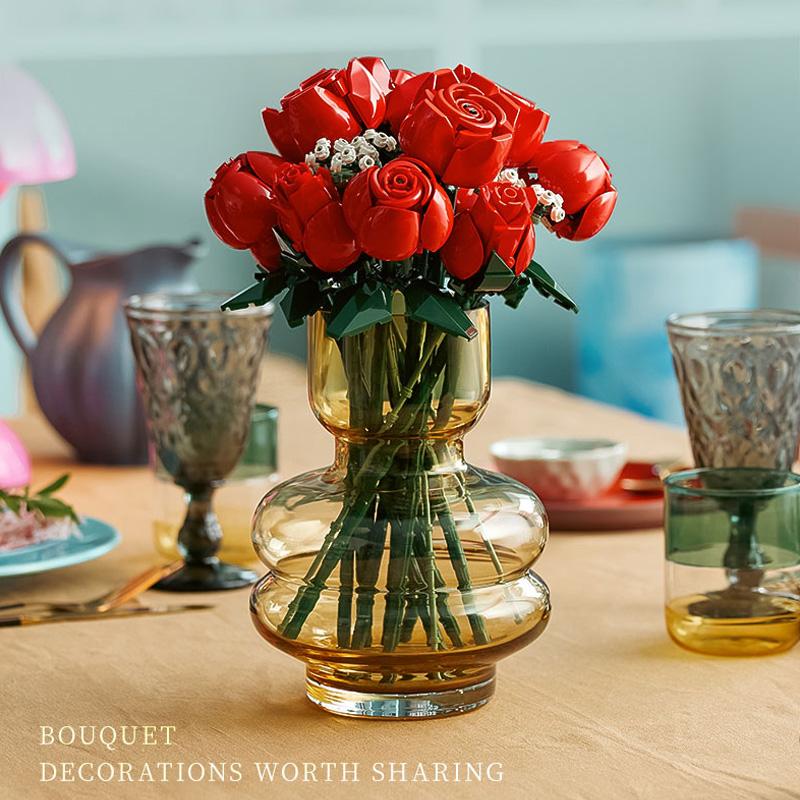 Romantická kytice růží 822 dílků Stavebnice Kreativní domácí dekorace na stůl Sestavitelné kostky Hračky pro dárky Dívky Dáma