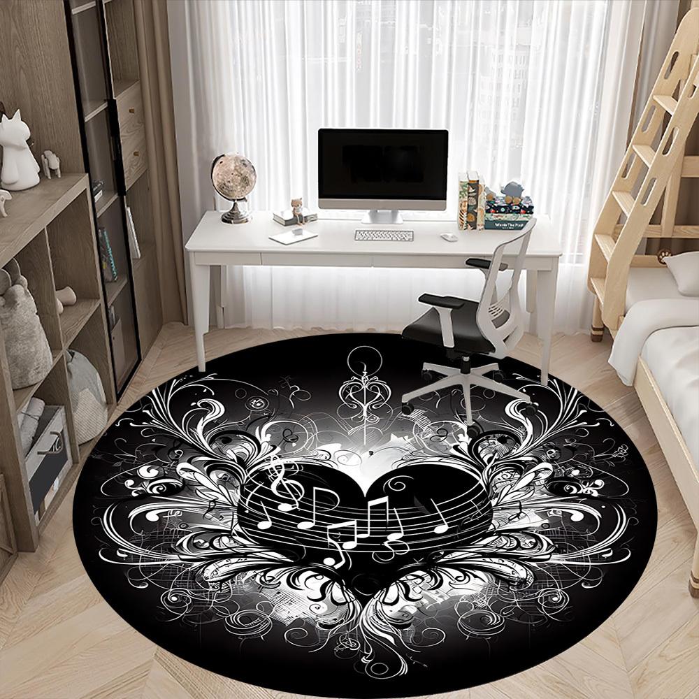1pc Heart Music Notes Chair Carpet for Office, Round Polyester Mat, Indoor Decor for Office, Easycare Fabric, Washable Non-slip Area Carpet