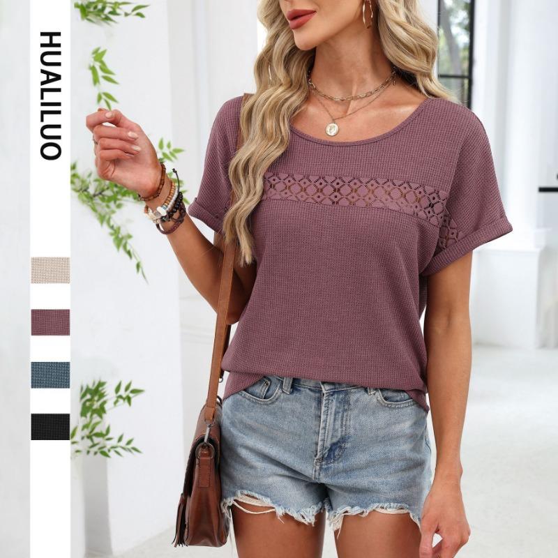 Women's Summer Casual Waffle Tee Lace Insert Round Neck Short