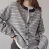 Women's Striped Knit Cardigan: Contrast Color, Round Neck, Embroidered, Soft Fluffy Sweater, College Style for Autumn/Winter