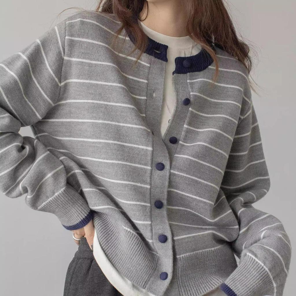 Women's Striped Knit Cardigan: Contrast Color, Round Neck, Embroidered, Soft Fluffy Sweater, College Style for Autumn/Winter