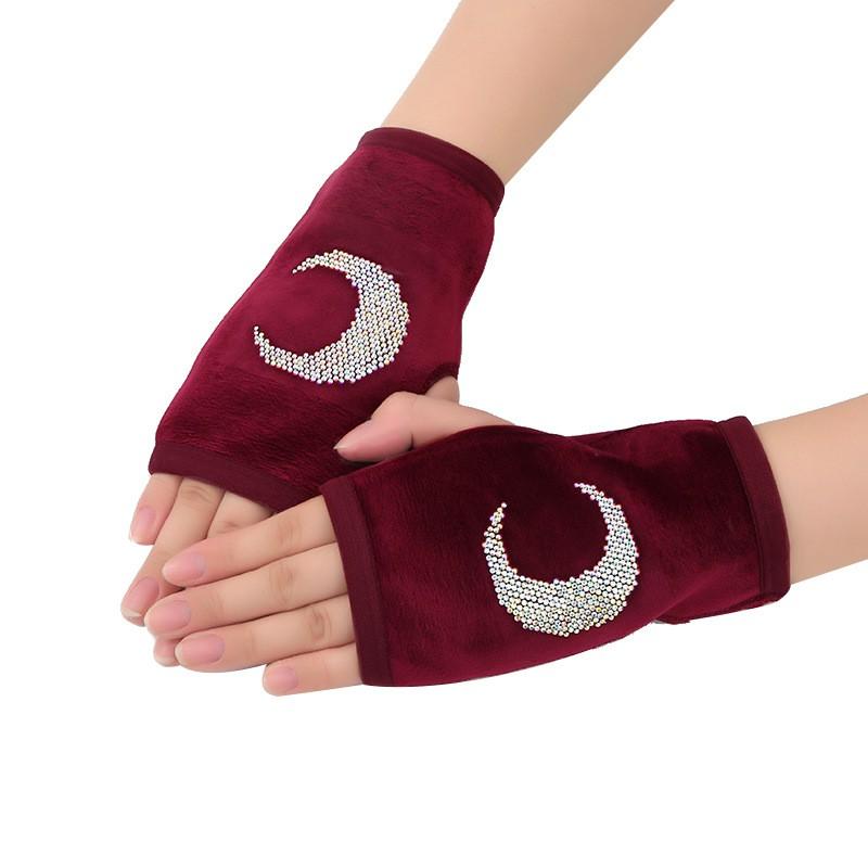 Womens Mens Faux Suede Half Finger Gloves Winter Warm Flip Top With Rhinestones Students
