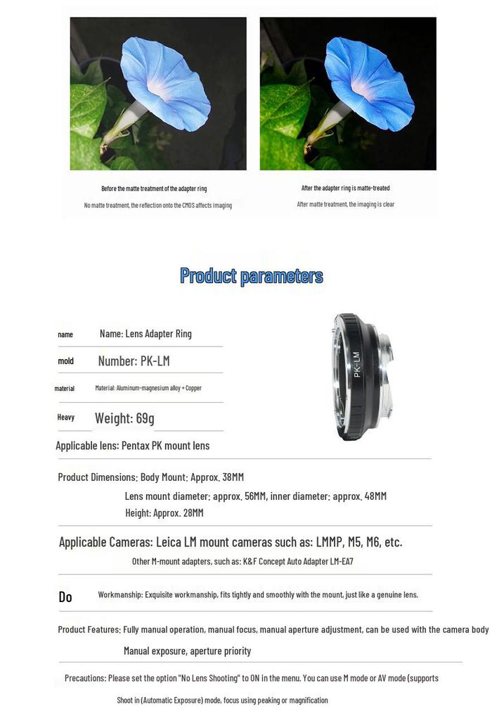 PK-LM Lens Adapter Ring for Pentax PK Lenses To Leica M Cameras, Compatible with Tian Gong M Mount