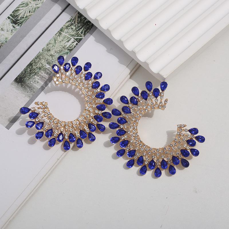 European & American Geometric Rhinestone Sunflower C-Shaped Gemstone Stud Earrings