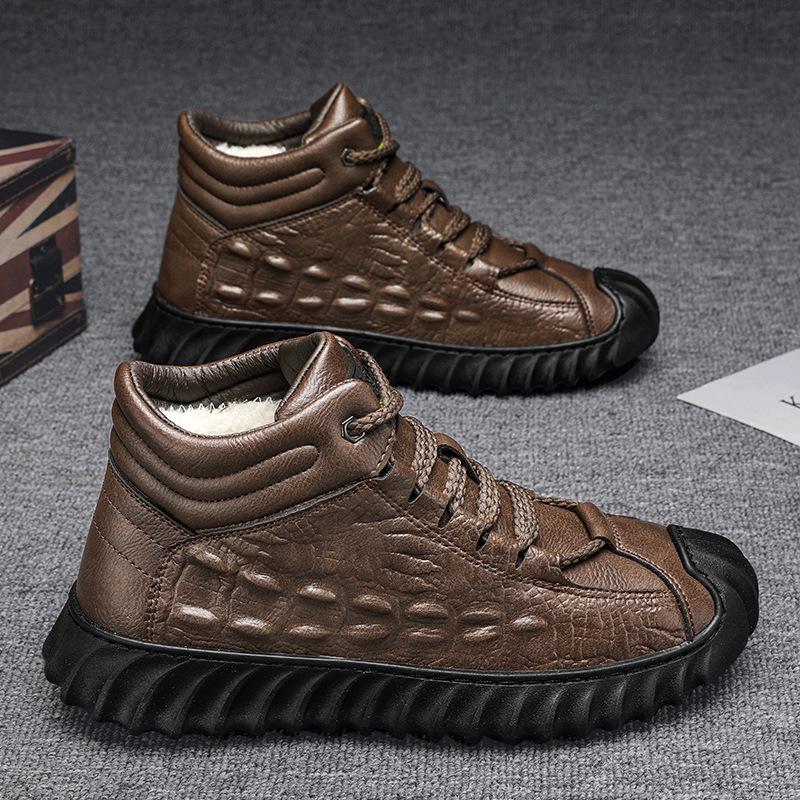 Men's High-Top Anti-Slip Leather Snow Boots with Cotton, Velvet, and Wool Fur Lining