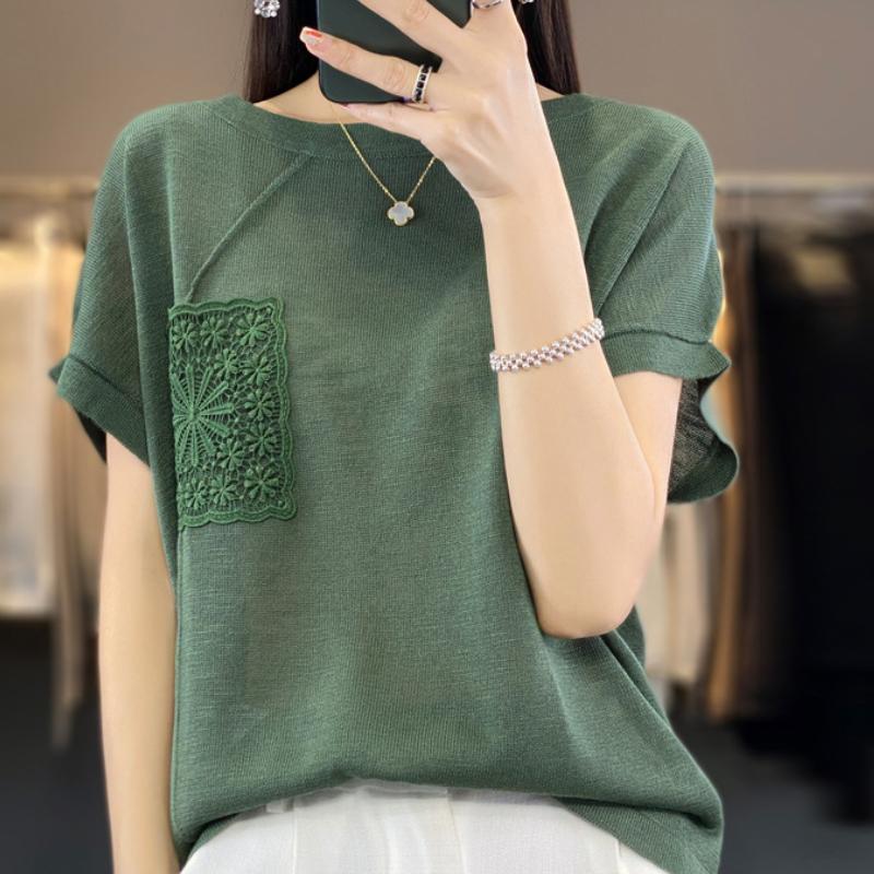 

Бавовняний светр з бамбуковим візерунком, круглим вирізом, гачком, кишенею, короткими рукавами, жіночий, модний, універсальний, трендовий топ, зручна базова сорочка XXL
