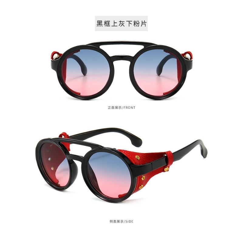 Steampunk Shields Solglasögon Män Kvinnor Klassiska Solglasögon med Sida Läder Runda Glasögon Punk UV400 Lins