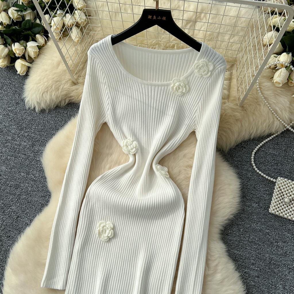 Spring Autumn Women Elegant 3D Flower Knitted Sweater Sheath Dresses Full Sleeve Midi Party Slim Pullover Dress