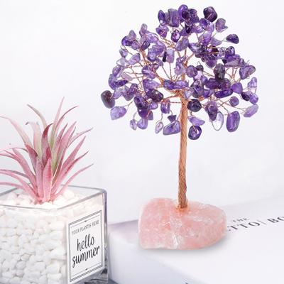 Rose Quartz Lucky Tree Dobrý význam Ruční domácí dekorace se základnou Umělý křišťálový měděný drát Strom Lucky Money