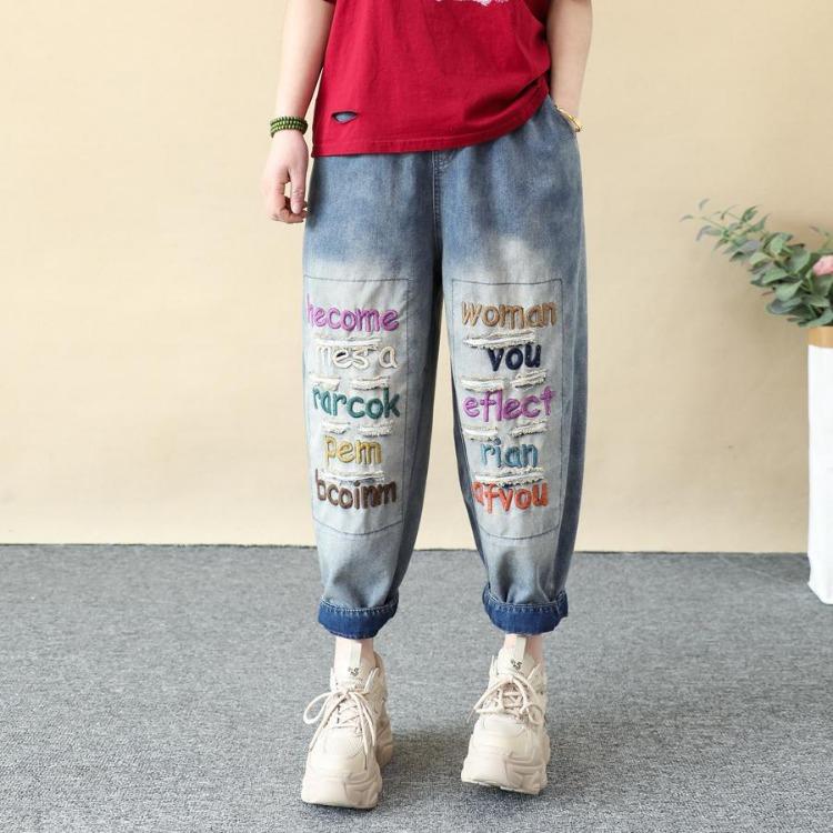 

Summer Women Harem Embroidery Jeans High Waist Elastic Casual Plus Size Loose Solid Pants XL синій