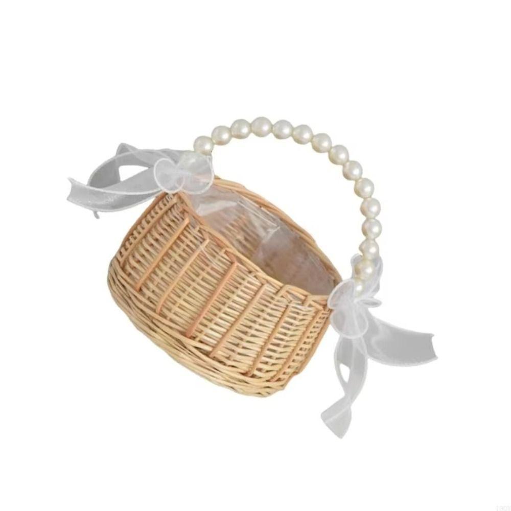 Pearls Handle Woven Basket Twin Fish Tail Design Flower Arrangement Basket  for Wedding