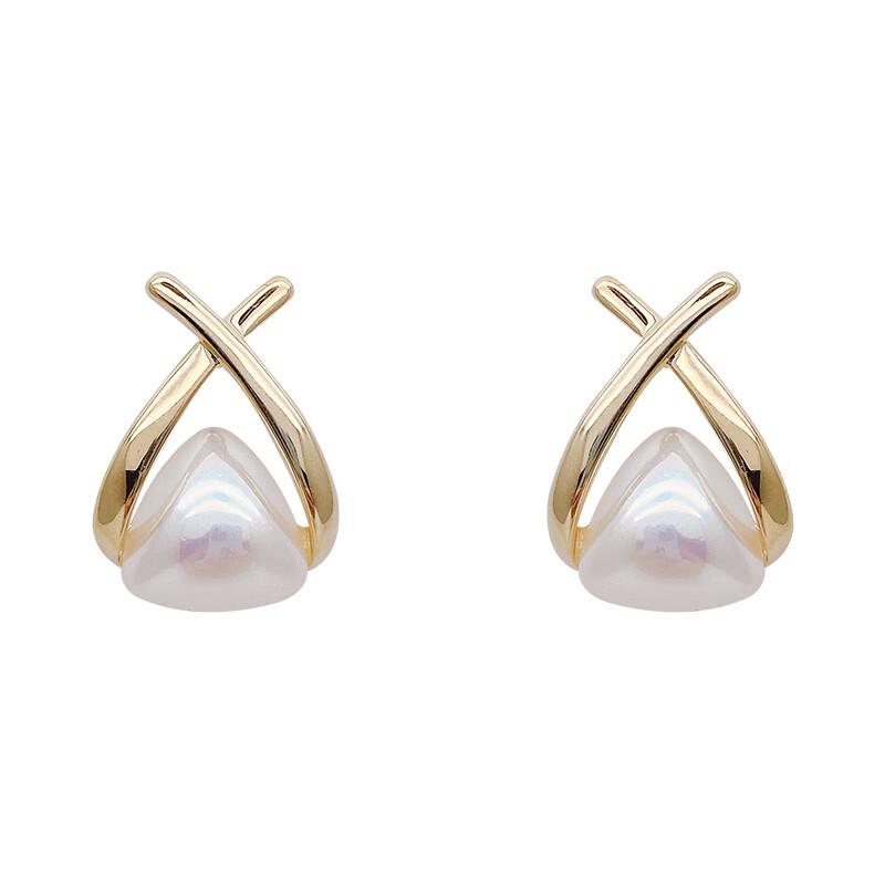 Light Luxury Niche Hollow Geometric Imitation Pearl Stud Earrings Femininity Triangular Cross Earrings