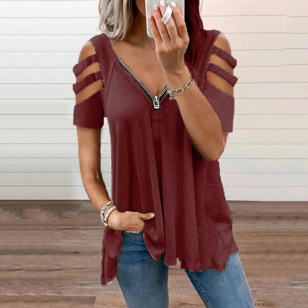 Womens Sexy V-neck Collar Zipper Color Short Sleeve Fold Casual Blouse Tops
