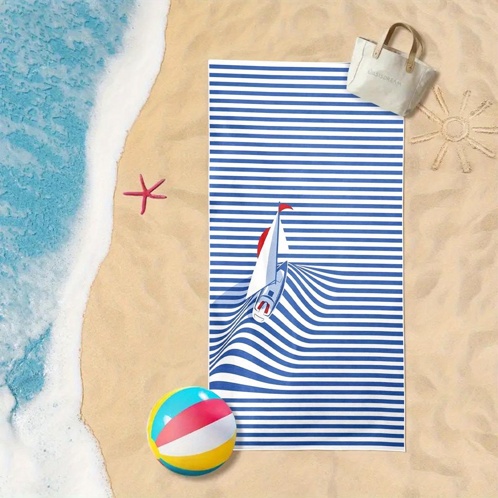 1 Stück nautisches Segelboot Strandtuch, Polyester Schnelltrocknendes Handtuch, Leicht & Weich für Schwimmen & Surfen, Unisex, Ideales Strand-Zubehör