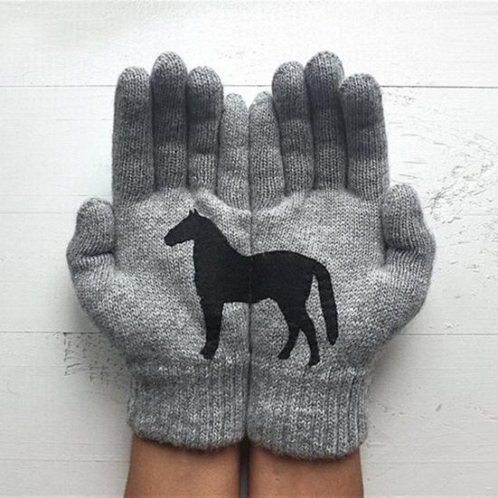 Black Horse Print Gloves Warm Ribbed Knitted Gloves Funny Horse Winter Gloves Gift for Men Women Driving Daily Errands Use