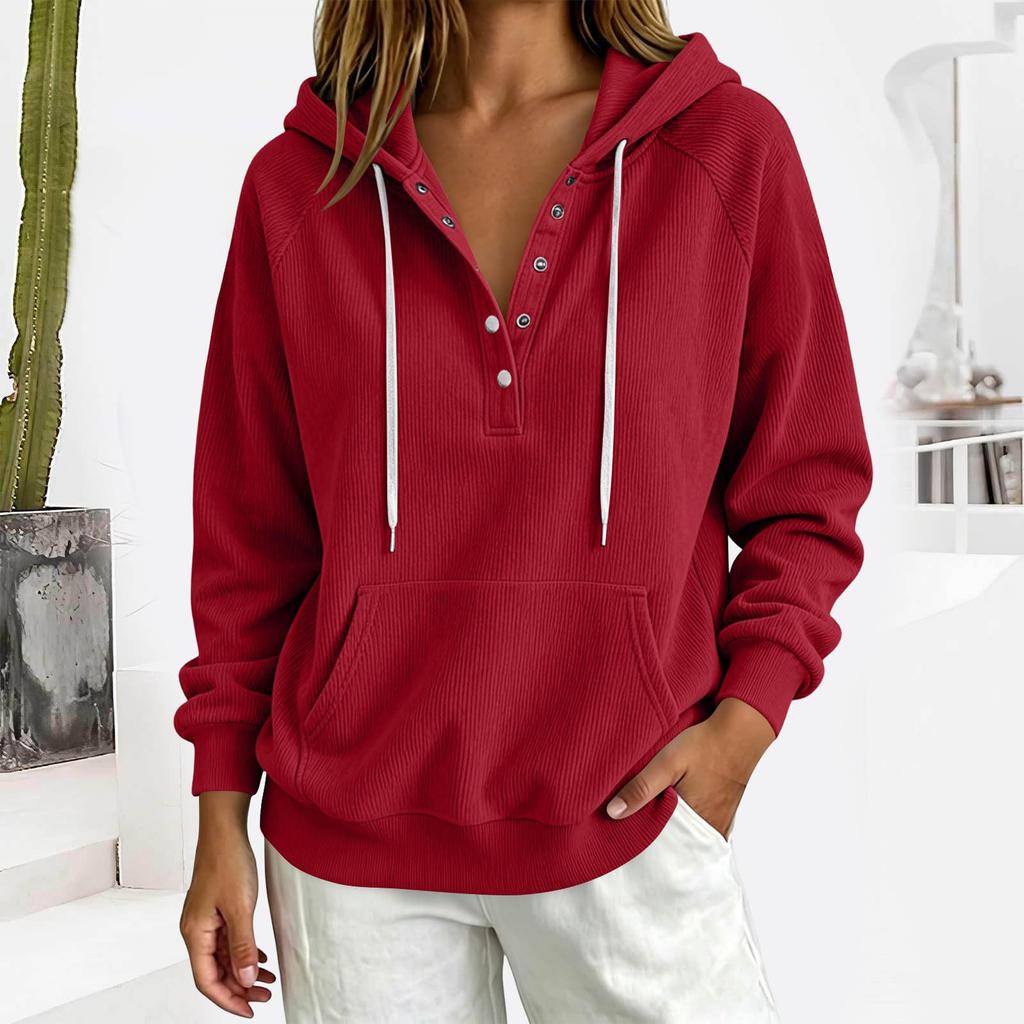 Women's Casual Lightweight Pullover Hoodie Long Sleeve Ribbed Texture Half Button Front Kangaroo Pocket Drawstring Hood Sweatshirt