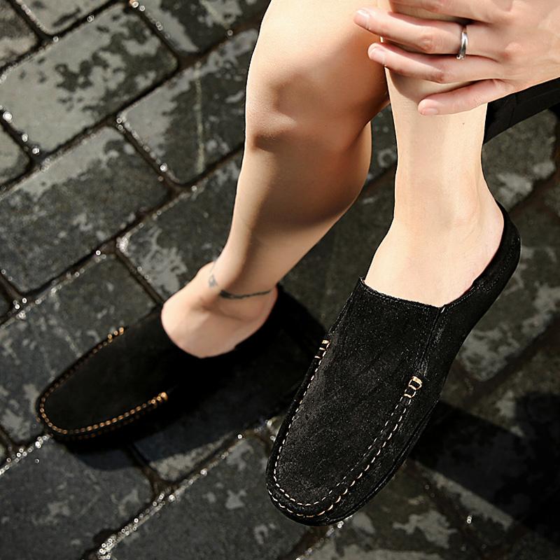 Plus Large Big Size Half Shoes For Men Semi-Drag Casual Shoes Suede Leather Mules Mens Loafers Slippers Summer Slip On Flats