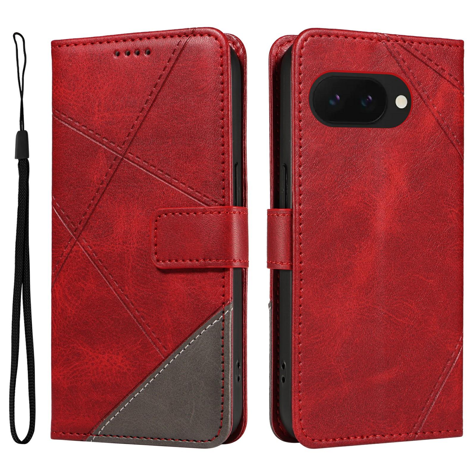 

For Google Pixel 9a Case Leather Geometric Line Wallet Phone Cover with Wrist Strap E