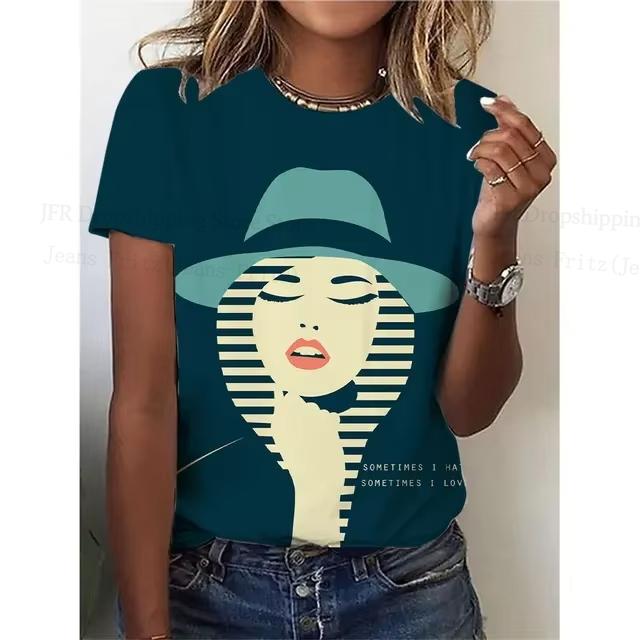 Summer Round Neck 3D Lady Face Graphic Print Top Fashionable Casual Short Sleeved Women's T-shirts