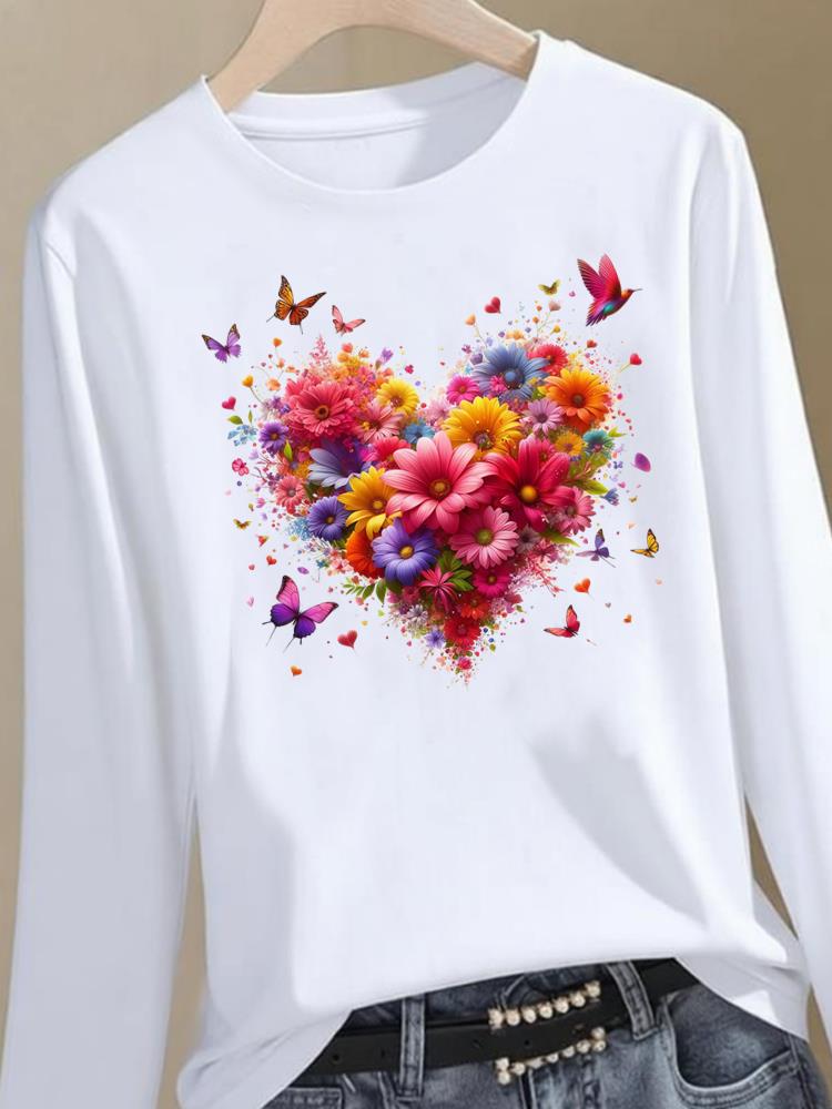 (Asian Size) flower style trend Clothing Women Graphic Tee o-neck Print T Shirt Casual autumn winter spring Fashion Top Long Sleeve T-shirts