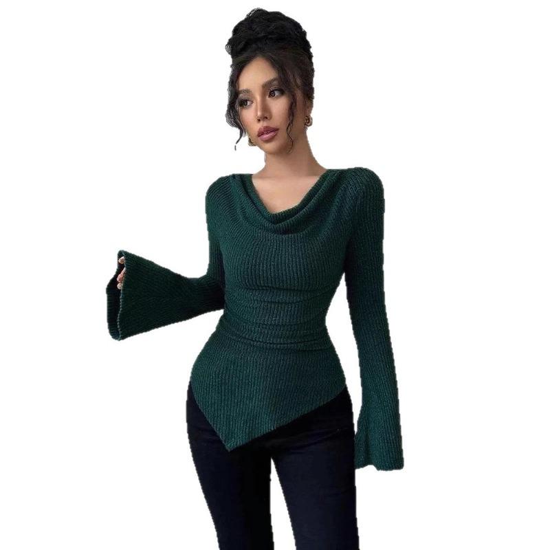 Women Solid Off Shoulder Slim Ribbed Knit Long Sleeve Commuting Pullover Base Top